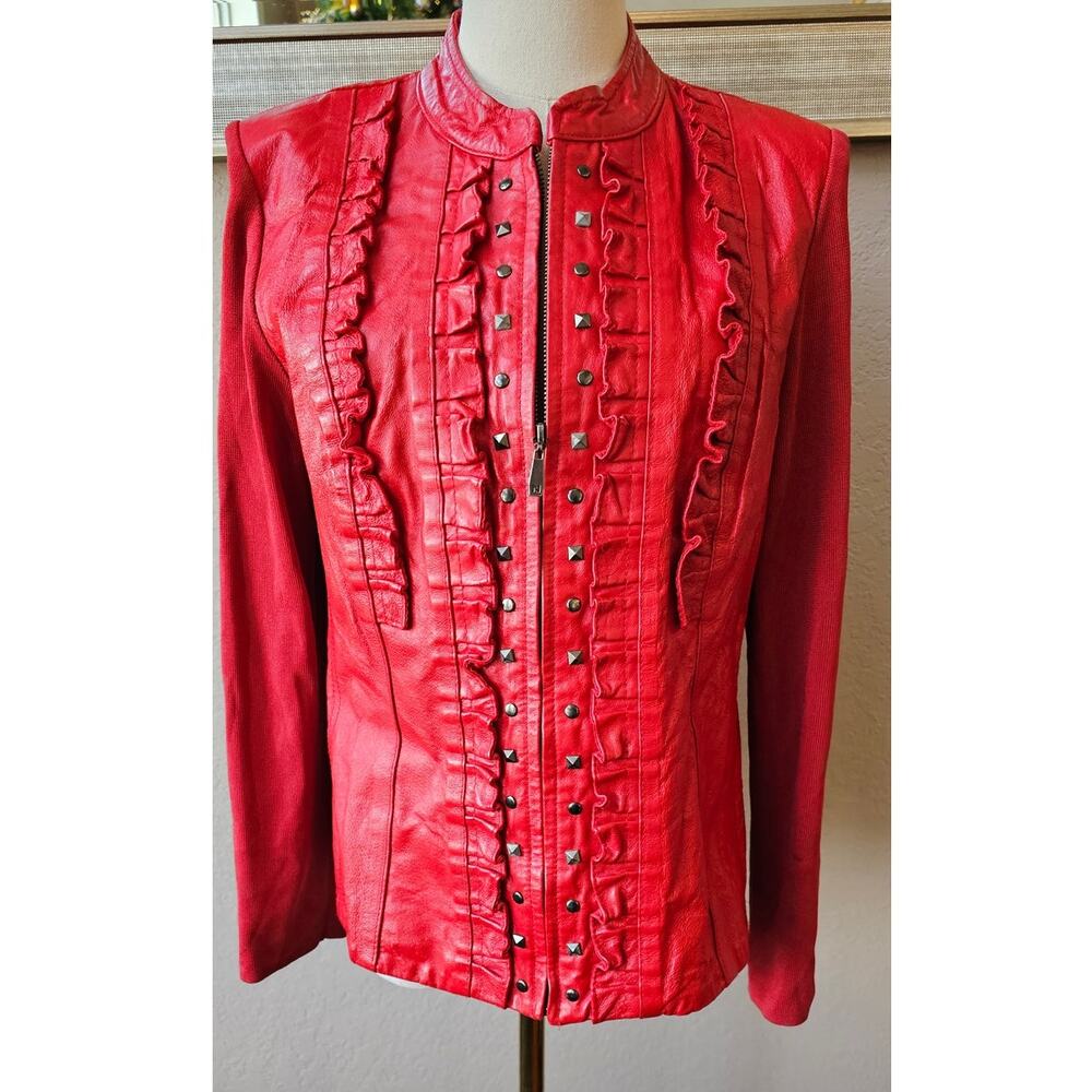 Peter Nygard Red Leather Ruffle Front Studded Jacket